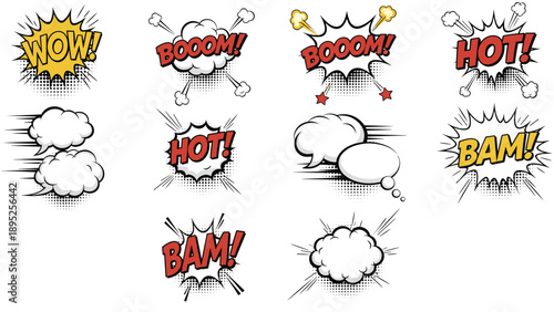 Large collection of comic book style speech bubbles and text sound effects like wow hot bam and boom in pop art style.