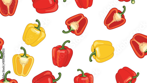 Seamless pattern of red and yellow bell peppers whole and halved scattered on white background for kitchen textile.