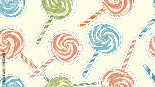 Sweet seamless pattern of colorful swirl lollipops with dashed outlines on light beige background for kids design.