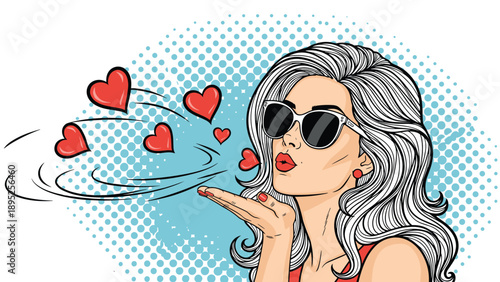 Glamorous woman with blonde hair and sunglasses blowing a kiss with red hearts in pop art comic book style.