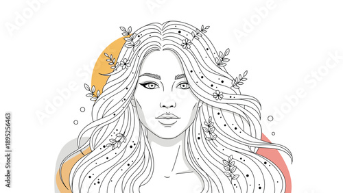 Beautiful line art illustration of a young woman with long wavy hair decorated with delicate flowers and leaves.