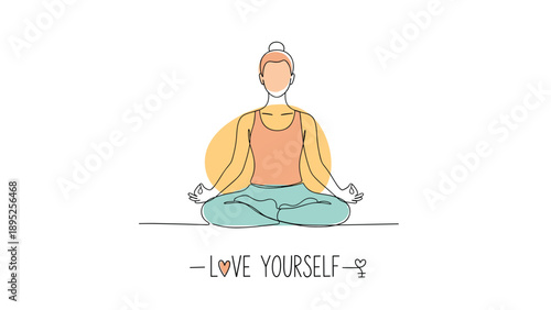 Minimalist continuous line drawing of a woman in yoga lotus pose with the text love yourself on white background.