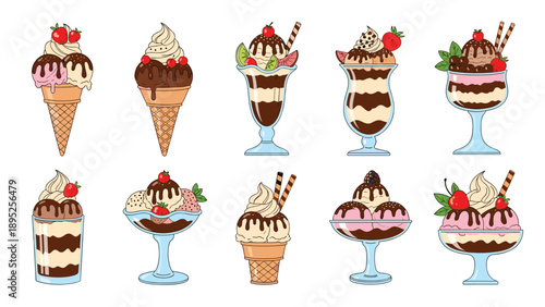 Large set of delicious ice cream sundaes in glass bowls and cones with chocolate sauce fruit and wafer toppings.