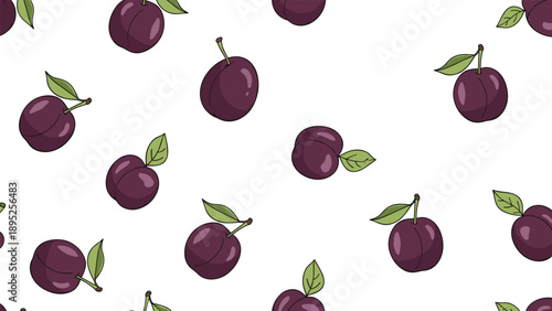 Seamless pattern of ripe purple plums with green leaves scattered on white background for textile and kitchen design.