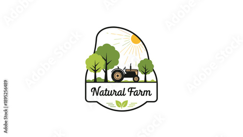 Vintage style farm logo featuring a black tractor silhouette with green trees and bright sun on white background.