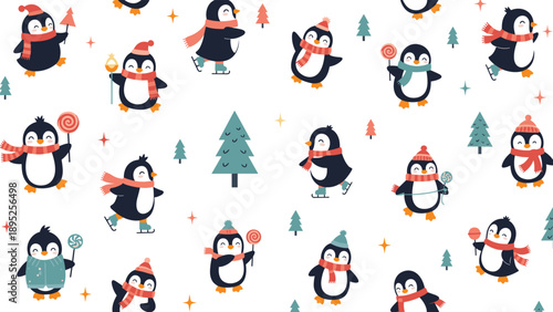 Cute winter seamless pattern for kids featuring happy penguins skating and holding lollipops with pine trees and stars.