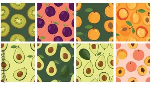 Comprehensive set of eight seamless patterns featuring various colorful fruits like kiwi plum apricot and avocado in a flat style.