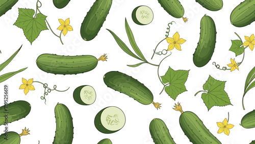 Seamless pattern with whole and sliced green cucumbers yellow flowers and leaves beautifully arranged on a plain white background.