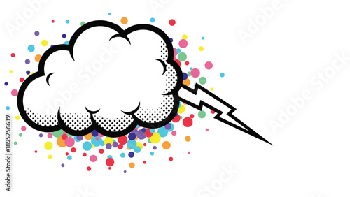 Stylized comic book cloud with a bold lightning bolt and colorful dots around it designed in a classic pop art illustration style.