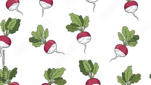 Seamless pattern featuring whole red radishes with fresh green leaves scattered on a plain white background for garden themes.