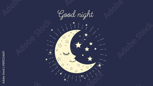 Charming illustration of a smiling crescent moon with stars and the handwritten text good night on a deep dark blue background.