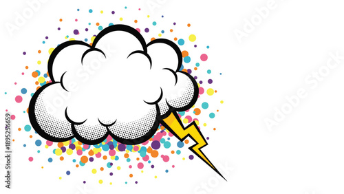 Comic book style white cloud with a yellow lightning bolt and colorful halftone dot splash effect on a white background.
