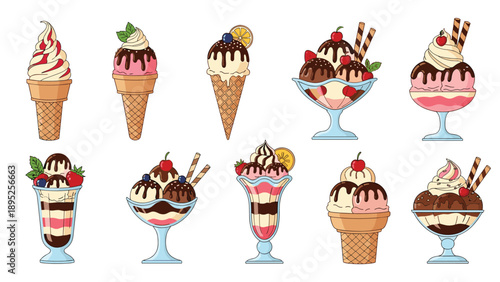 Large set of various ice cream desserts in cones, bowls, and glasses with different toppings and colorful layers.