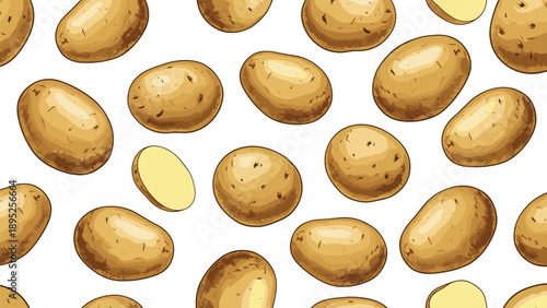 Detailed and realistic hand drawn potato pattern featuring whole and sliced potatoes across a clean white background.
