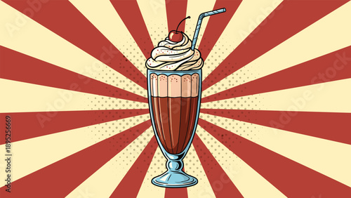 Delicious chocolate milkshake with whipped cream and a cherry on top in a retro pop art style over sunburst background.