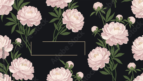 Elegant seamless pattern of soft pink peonies with green leaves set against a sophisticated dark black background.