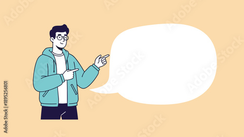 Friendly man wearing glasses and a blue hoodie pointing towards a large empty white speech bubble for your text.