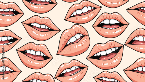 Seamless pattern with various female lips and open mouths showing white teeth in a vibrant pop art style illustration.