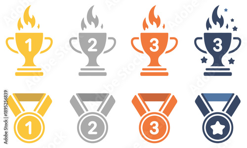 Trophy and medal award vector icon set with winner symbols, laurel decorations, and achievement badges, suitable for competition results, recognition graphics, ranking designs, and vector illustration