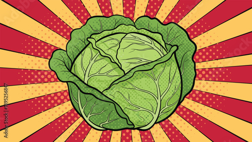 Vibrant pop art style illustration of a fresh green cabbage over a sunburst background with halftone dot texture and rays.