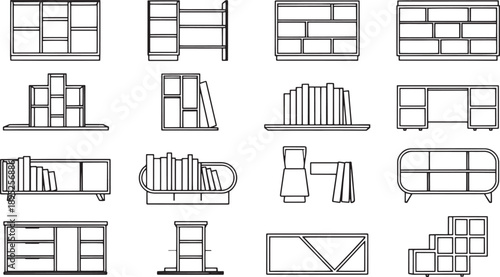 A collection of minimalist line art of different shelving units, offering a diverse range of furniture design concepts for interiors.