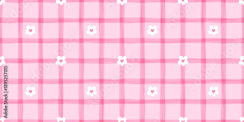 Cute striped seamless background with flower and watercolor lines light gingham feel. Ideal for kids fabric, nursery decor, and girly textile prints