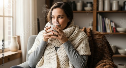 A woman sits comfortably in a cozy living room, wrapped in a warm scarf and holding a steaming cup of coffee.