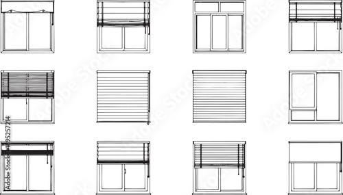 An array of window designs, showcasing architectural diversity with blinds. 