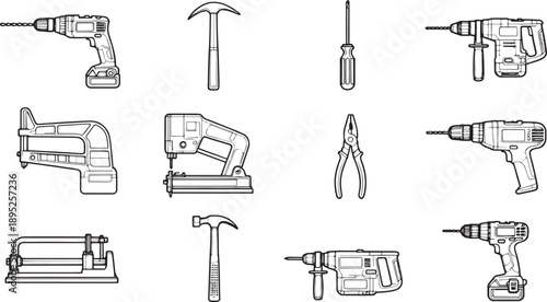 A set of various tools, including drills, screwdrivers, hammers, and staplers, carefully illustrated in photorealistic, ready for home improvement or renovation projects.