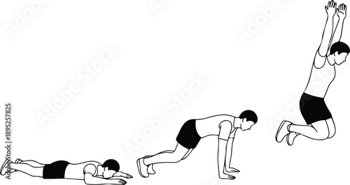 Burpee Exercise Outline Icon Set Push-Up, Plank, and Jump Sequence