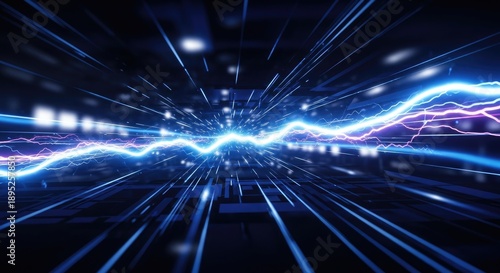 A blue and purple lightning bolt in a dark, futuristic, technological environment.