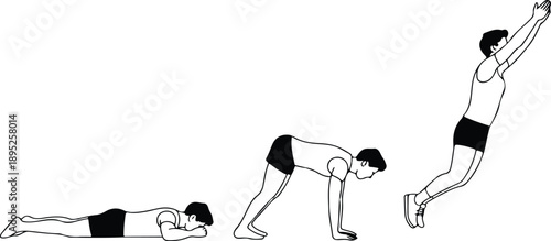 Burpee Exercise Outline Icon Set Push-Up, Plank, and Jump Sequence