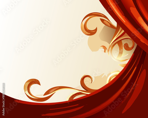 Elegant red and gold swirling drapery with ornate floral design