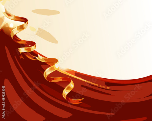 Abstract background with flowing ribbon and golden confetti elements