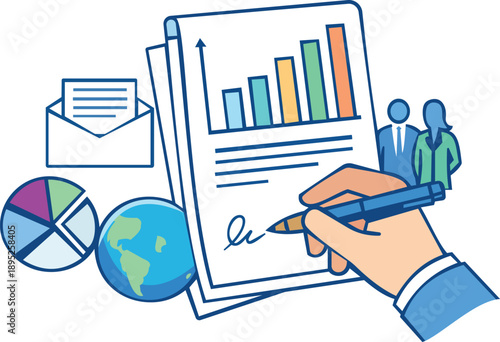 This illustration depicts a business growth report featuring graphs, charts, and a world view, complemented by a hand writing notes. The design represents data analysis, professional communication, an