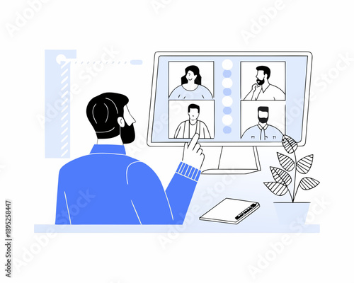 Man participating in a video conference call on a laptop computer