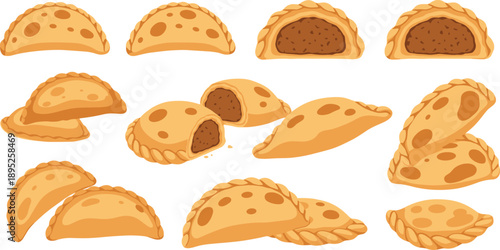 Stuffed pastry turnover illustration set with baked empanada style pies and filling inside