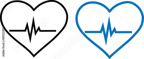 heart rate icons with electrocardiogram line in black and blue on white background
