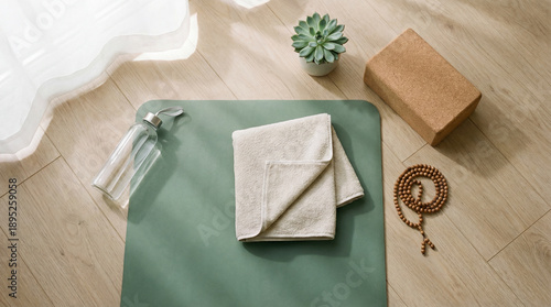 Yoga practice mat with fitness accessories top view