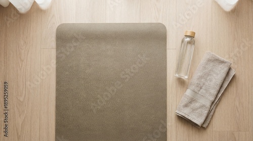 Yoga practice mat with fitness accessories top view