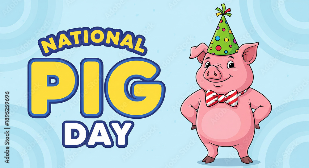 Fototapeta premium National Pig Day Cartoon Pig Character with Party Hat and Bow Tie 