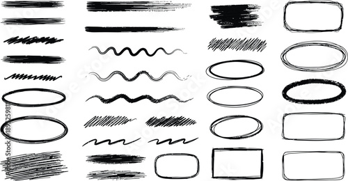 Black hand drawn brush strokes and shapes on white