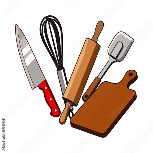 Illustration of a knife, whisk, rolling pin, and spatula on a cutting board against a clean white background.