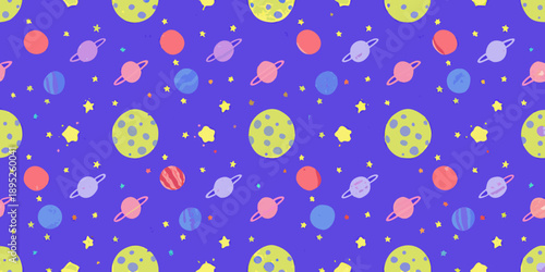 Colorful pattern featuring planets stars and circular shapes on purple