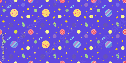 Colorful planets stars and celestial bodies on a vibrant blue background
