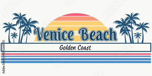 Venice beach california retro style graphic with palm trees and sunset