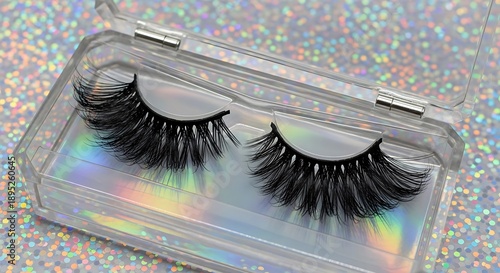 Luxurious false eyelashes in a clear protective case on a sparkly background lash extensions