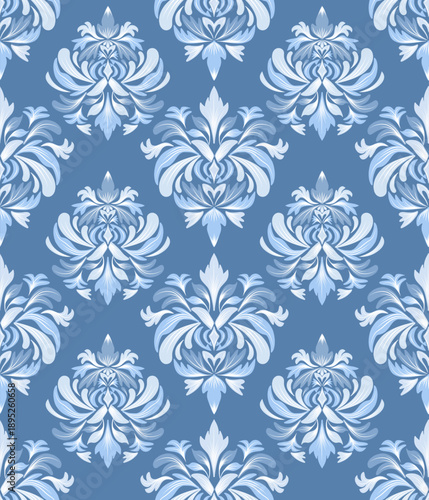 Damask seamless pattern with blue floral elements, vintage design, vector illustration for textile, wall paper, bedding, curtain, cushion cover, rug, upholstery fabric, scarf, fashion, Baroque style