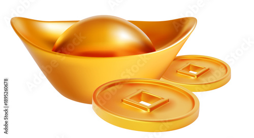 Golden Chinese gold ingot isolated on white background, traditional symbol of wealth, fortune and prosperity, lucky object for Chinese New Year, finance concept and decorative design