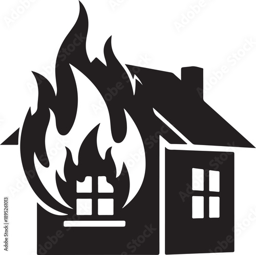 House on fire silhouette icon - home emergency and disaster illustration isolated on white background, illustration